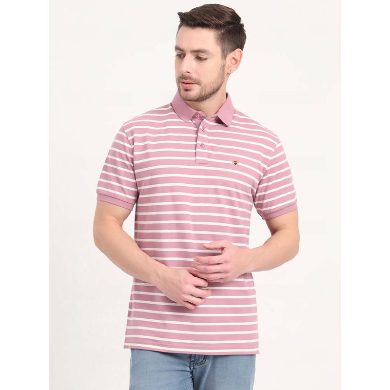 JadeBlue Light Pink Striped Slim Fit Polo T-shirt (38)