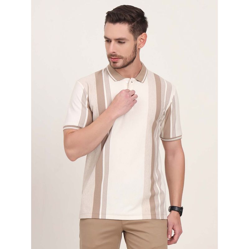 JadeBlue Beige Striped Slim Fit Polo T-shirt (42)