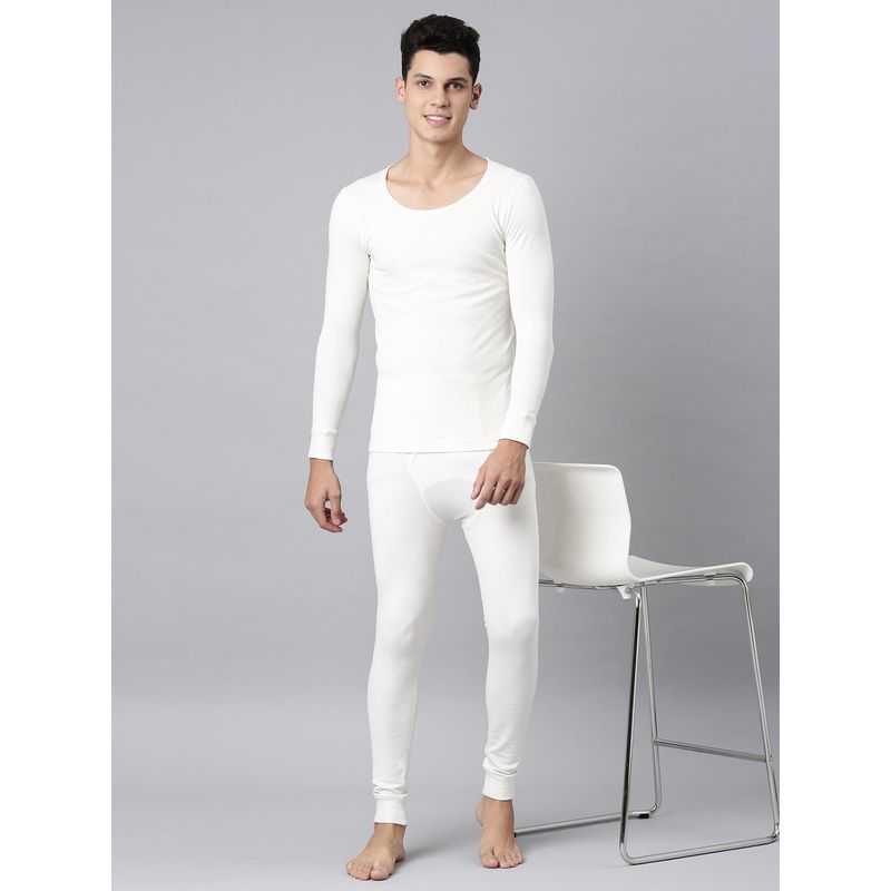 Levi's Mens Solid Round Neck Full Sleeve Thermal Top & Bottom White (Set of 2) (XL)