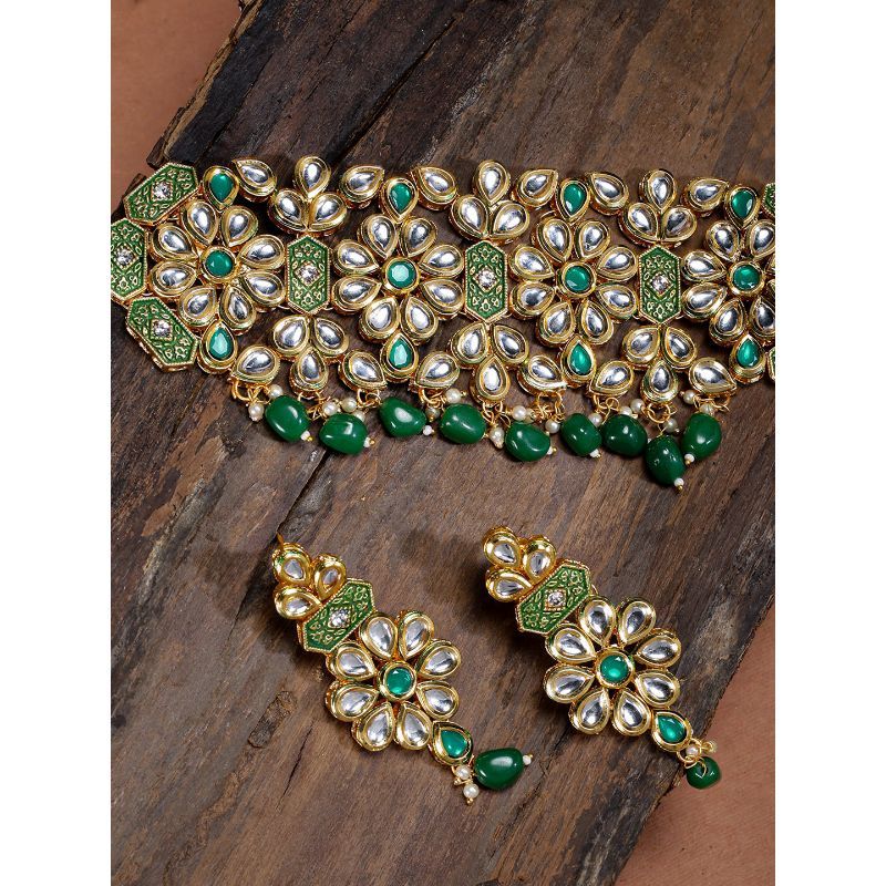 Zaveri Pearls Enamelling Green Kundan & Beads Choker Necklace & Earring 