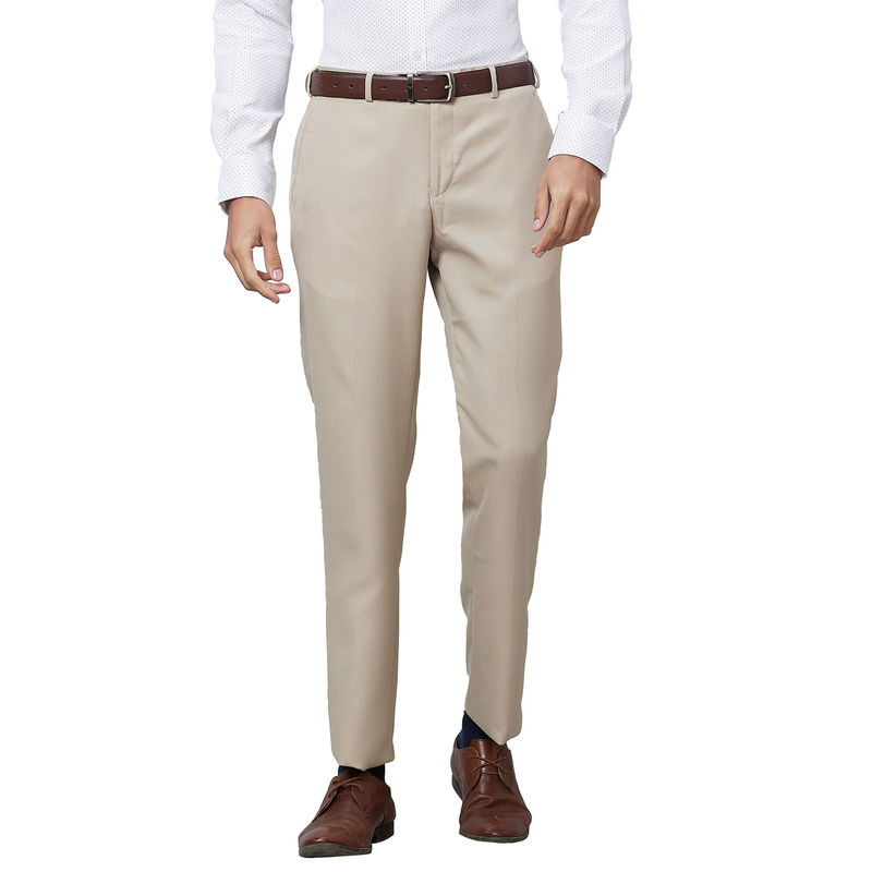 Park Avenue Men`s Regular Fit Self Design Mid Waist Beige Formal Trouser (30)