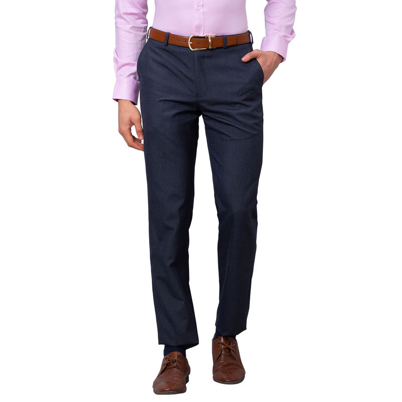 Park Avenue Men`s Regular Fit Self Design Mid Waist Navy Blue Formal Trouser (30)