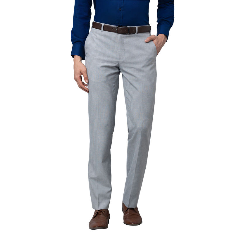 Park Avenue Men`s Regular Fit Self Design Mid Waist Grey Formal Trouser (30)