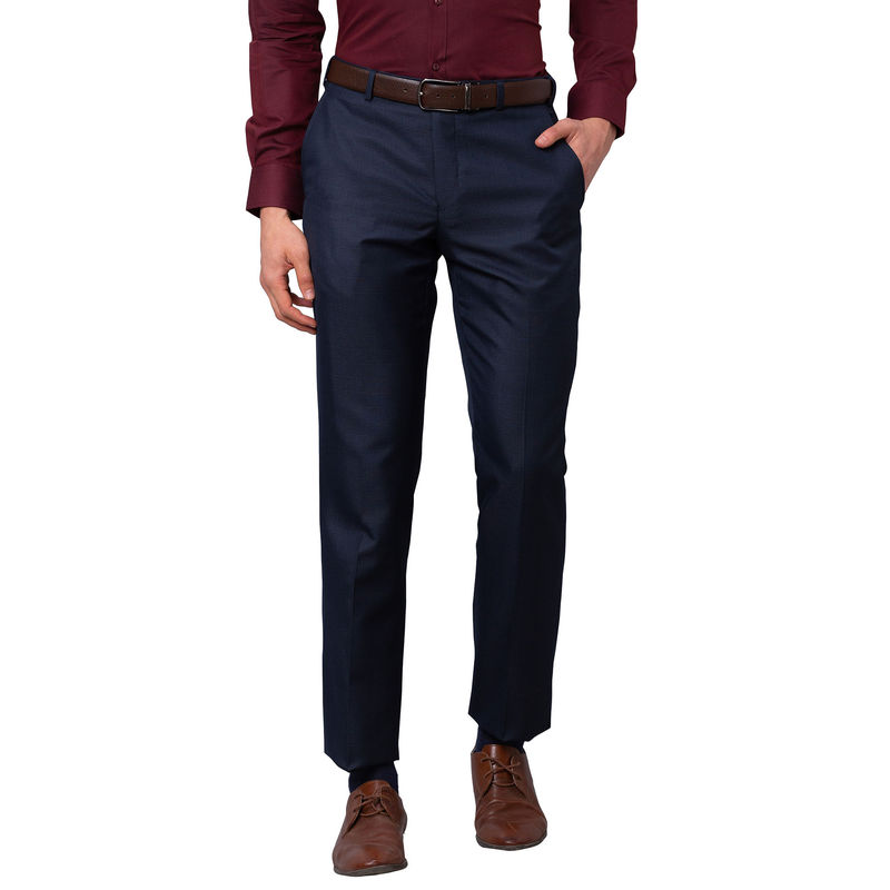 Buy Park Avenue Men`s Regular Fit Checks Mid Waist Blue Formal Trouser ...