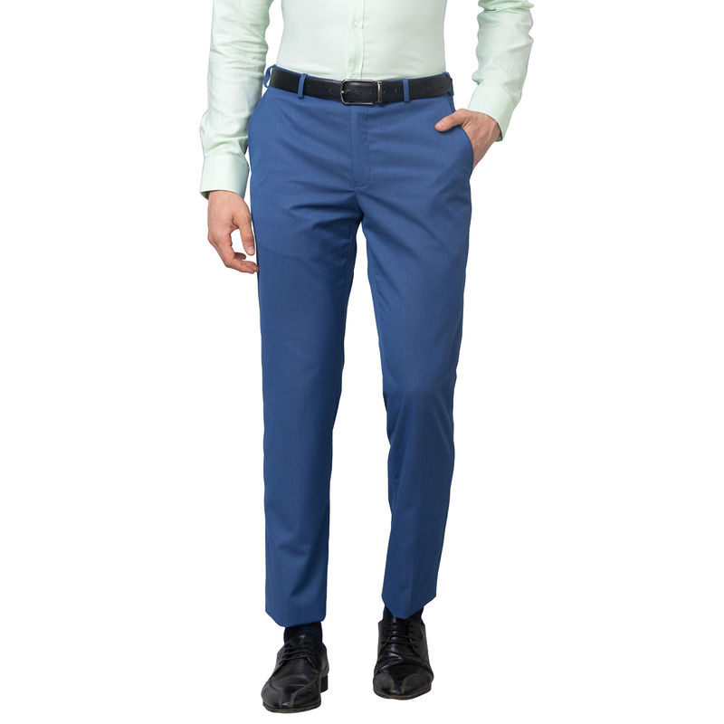 Park Avenue Men`s Regular Fit Self Design Mid Waist Blue Formal Trouser (30)