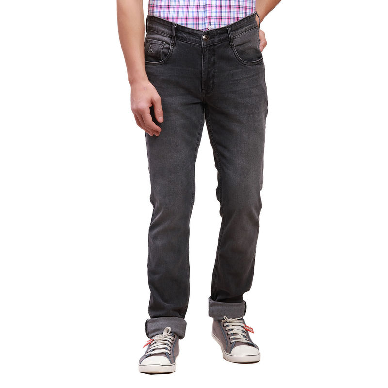 Buy Parx Men`s Tapered Fit Solid Low Waist Black Jeans Online
