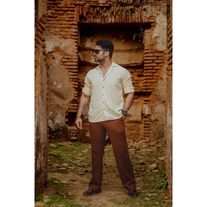 JAVINISHKA Beige Sustainable Chikankari Embroidered Oversized Rayon Shirt (XS)