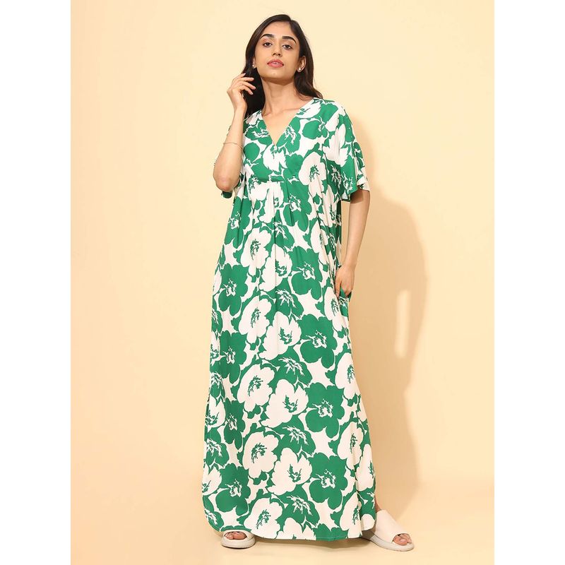 YELLOW BLOOM Green Floral Comfortable Nighty (M) (M)