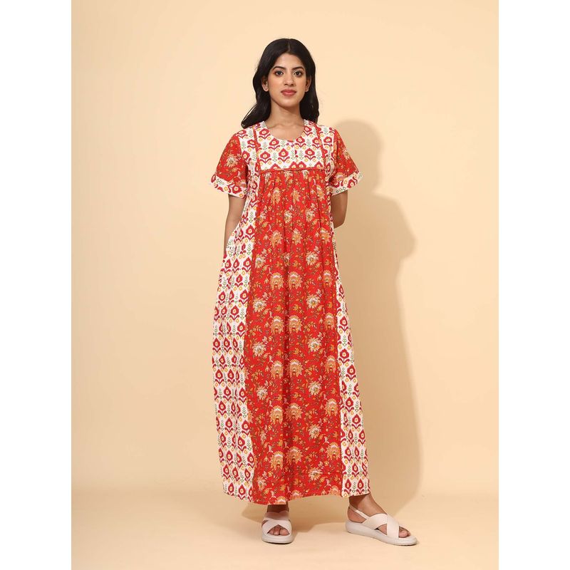 YELLOW BLOOM Red Floral Comfortable Nighty (M) (M)
