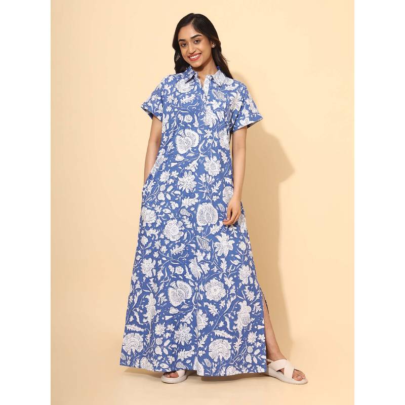 YELLOW BLOOM Blue Floral Comfortable Nighty (M) (M)