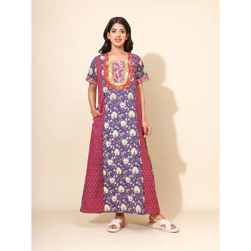 YELLOW BLOOM Purple Floral Comfortable Nighty (M) (M)