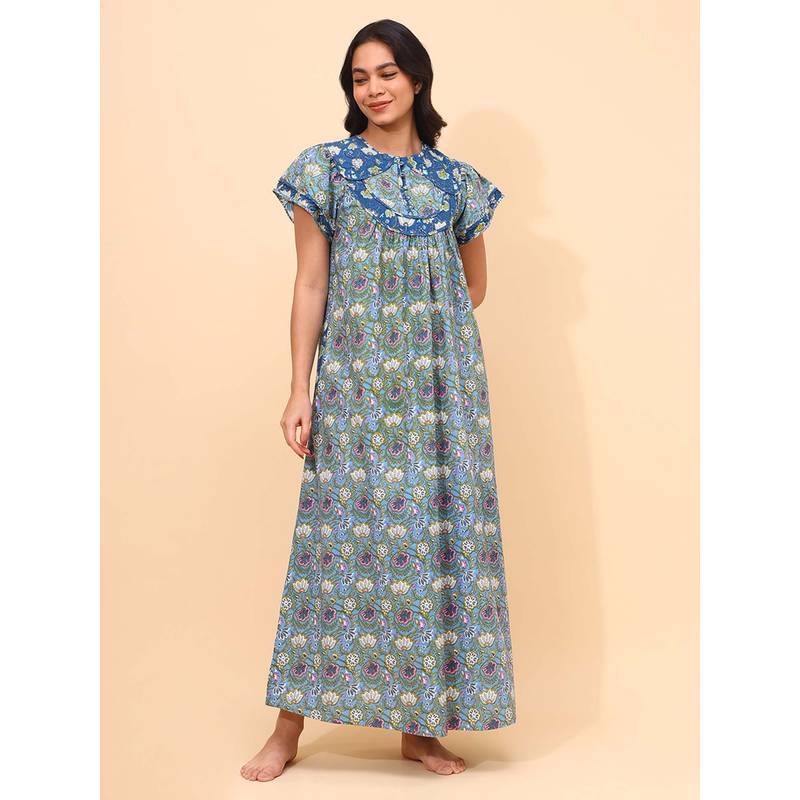 YELLOW BLOOM Blue Floral Comfortable Nighty (L) (L)