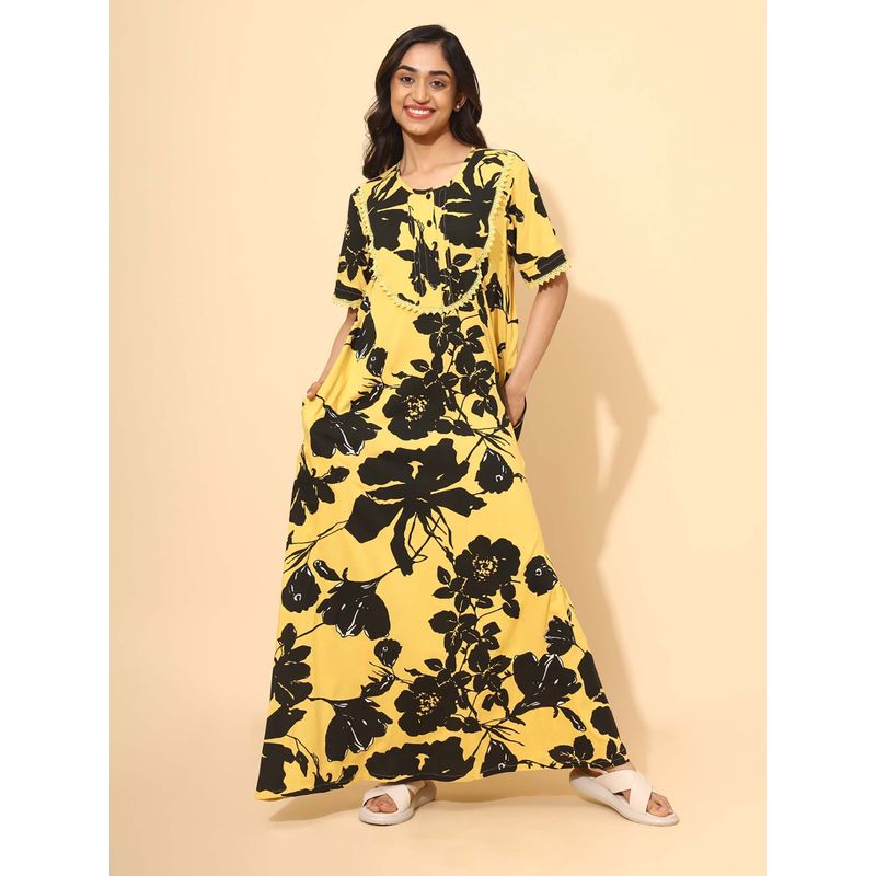YELLOW BLOOM Yellow Floral Comfortable Nighty (XL) (XL)