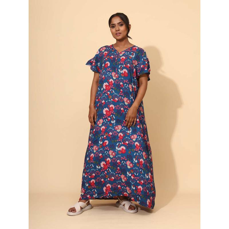 YELLOW BLOOM Blue Floral Comfortable Nighty (M) (M)
