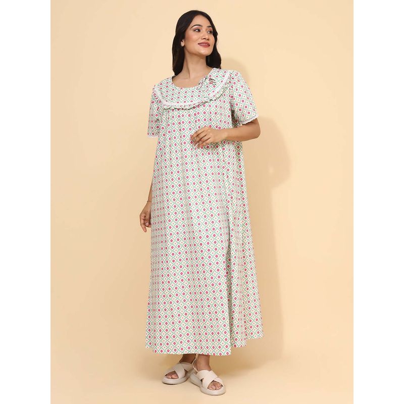 YELLOW BLOOM Green Floral Comfortable Nighty (M) (M)