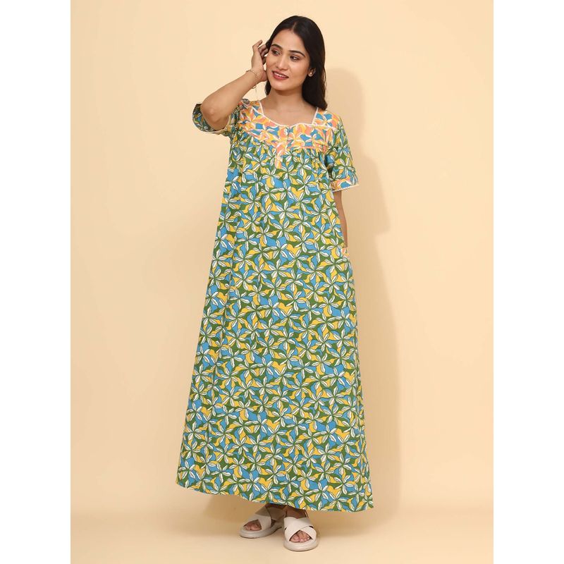 YELLOW BLOOM Green Floral Comfortable Nighty (M) (M)
