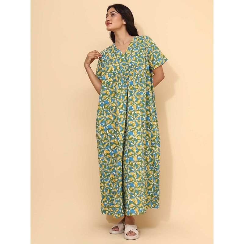 YELLOW BLOOM Green Floral Comfortable Nighty (M) (M)
