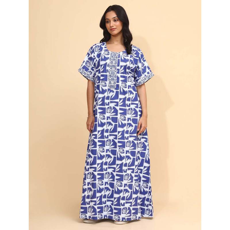 YELLOW BLOOM Blue Floral Comfortable Nighty (M) (M)