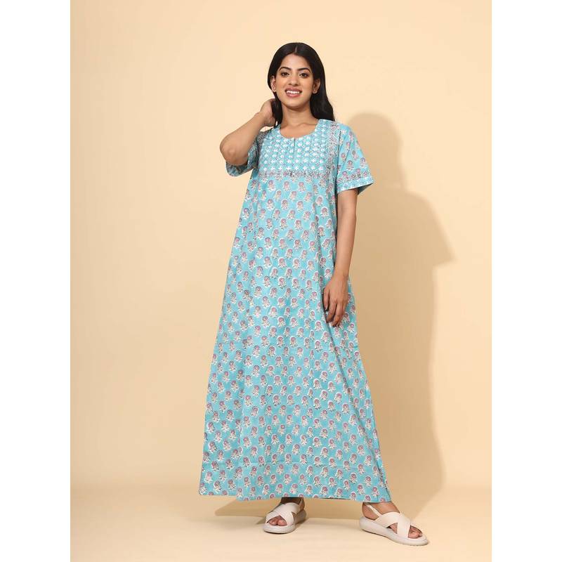 YELLOW BLOOM Blue Floral Comfortable Nighty (XL) (XL)