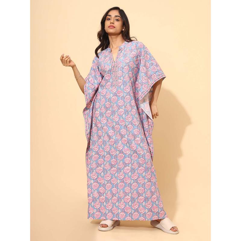 YELLOW BLOOM Blue Floral Comfortable Kaftan Night Dress (XL) (XL)