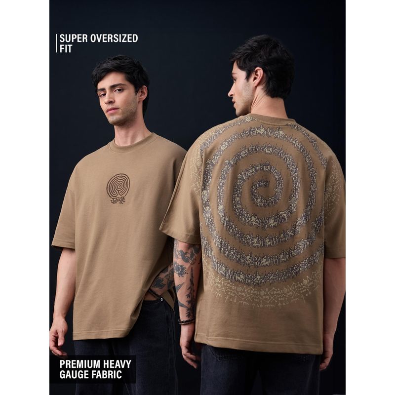 The Souled Store Chakravyuh Men Khaki Super Oversized T-Shirt (XS)