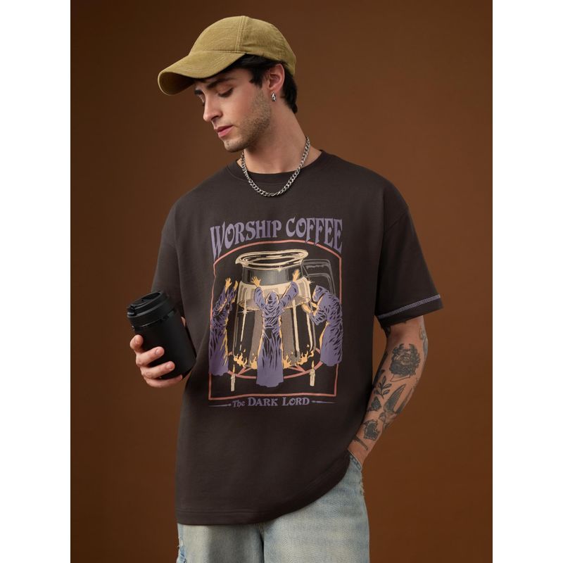 The Souled Store Steven Rhodes: Worship Coffee Brown Men Oversized T-Shirt (XS)