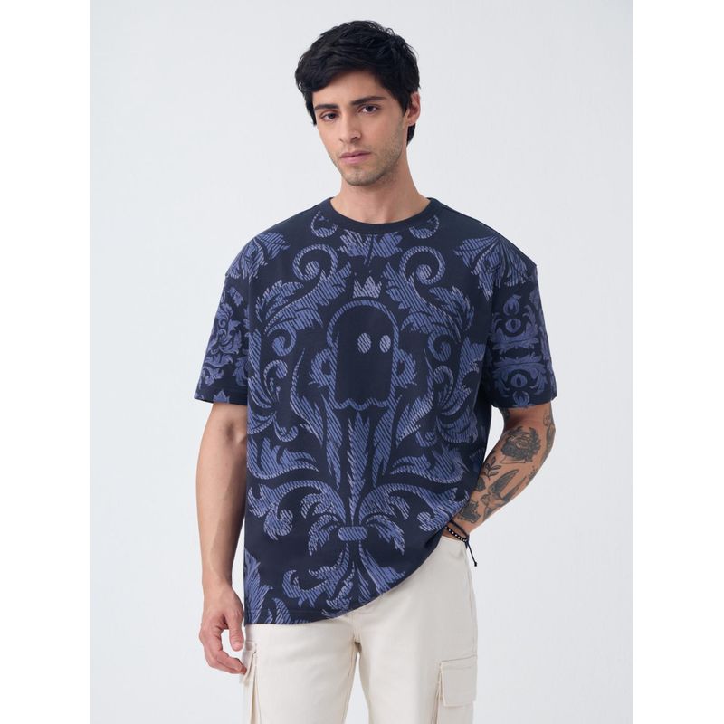 The Souled Store Ornate Men Navy Blue Oversized T-Shirt (S)