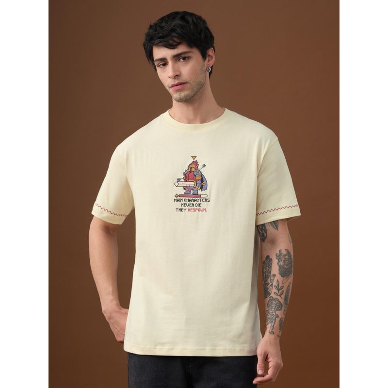 The Souled Store Casual Classics: Gamer Warrior Men Cream Relaxed Fit T-Shirt (XL)