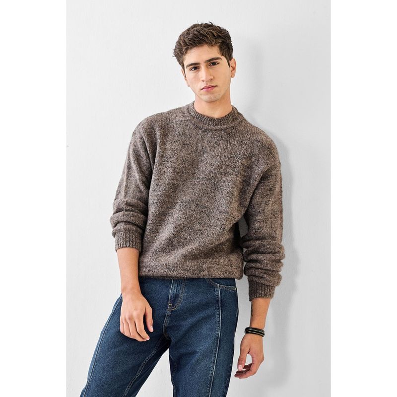 Snitch Beige Textured Full Sleeves Relaxed Casual Sweaters for Men (XL)