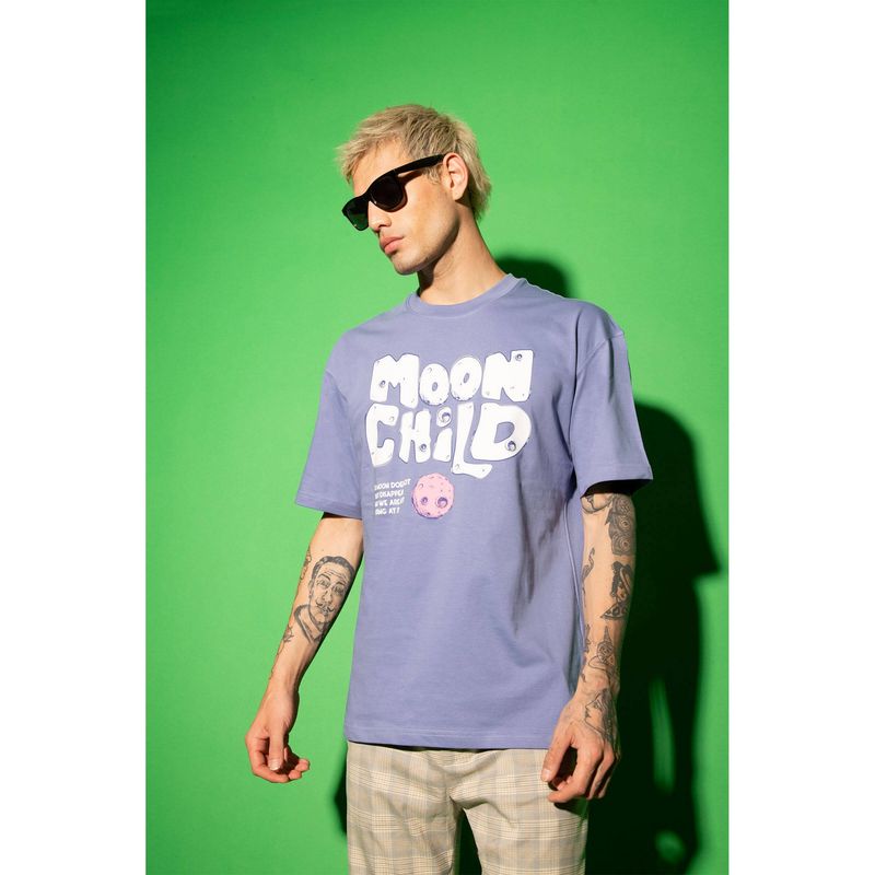 Bonkers Corner Men Blue Cotton Graphic Oversized Fit T-Shirt (S)