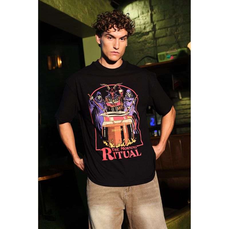 Bonkers Corner Men Black Cotton Graphic Regular Fit T-Shirt (M)