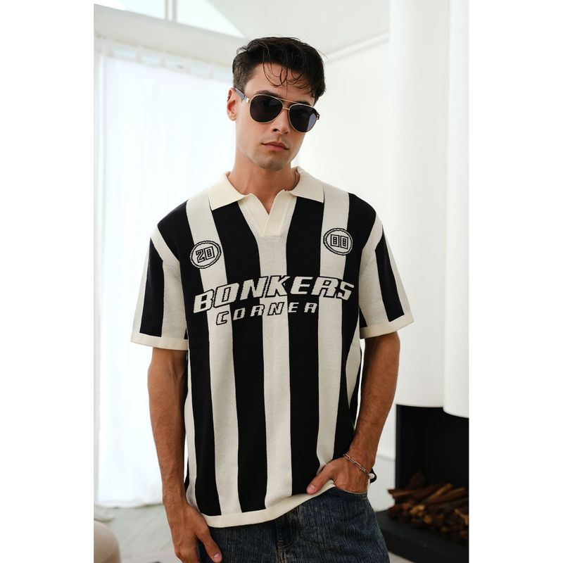 Bonkers Corner Men Black Cotton Stripes Regular Fit Polo T-Shirt (S)