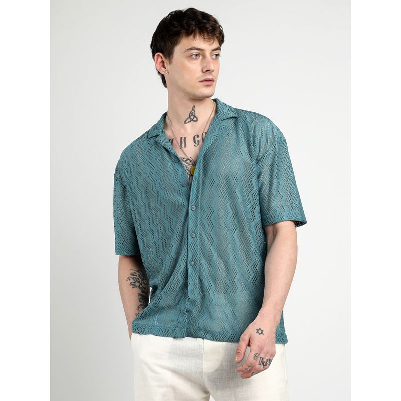 Campus Sutra Men Teal Blue Oversized Zig-Zag Shirt (M)