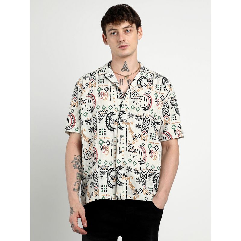 Campus Sutra Men Off-White Oversized Bohemian Shirt (M)