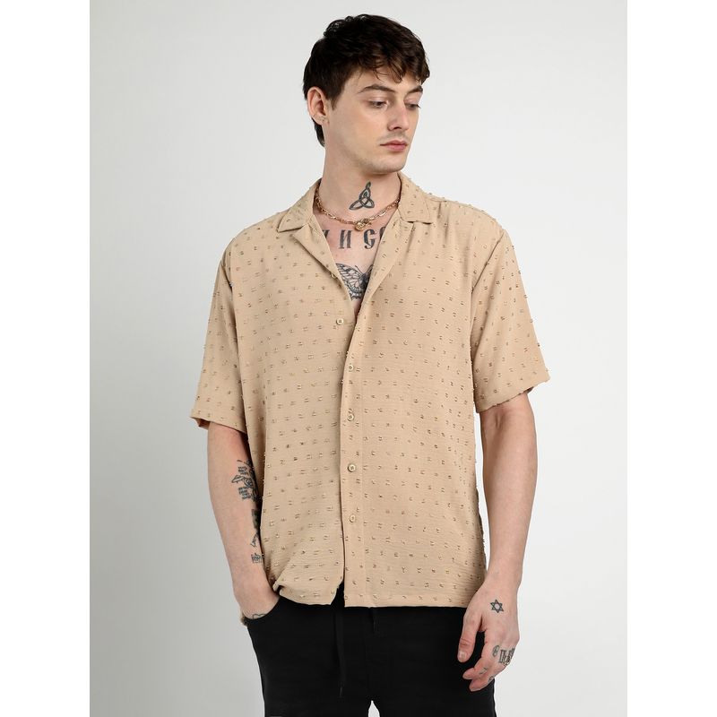 Campus Sutra Men Beige Oversized Pom-Pom Shirt (S)