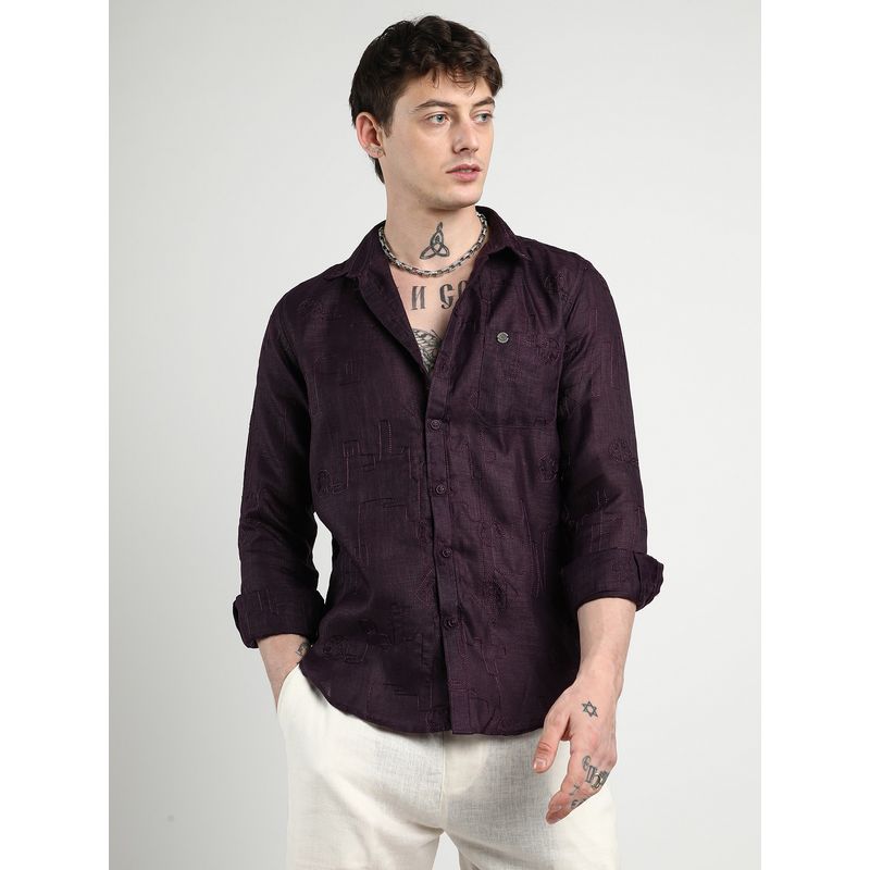 Campus Sutra Men Plum Purple Embroidered One-Lined Shirt (XL)