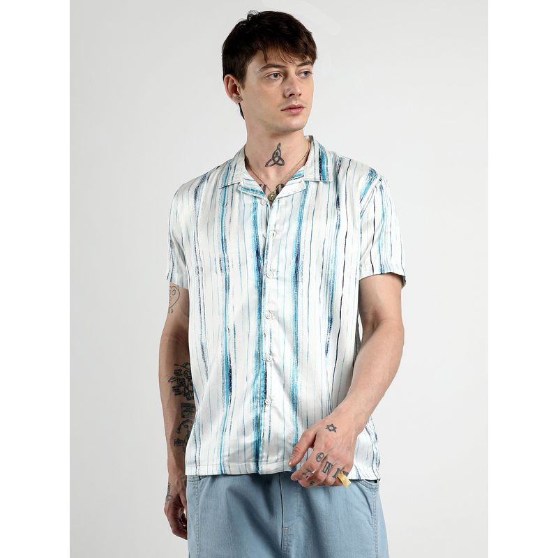 Campus Sutra Men Ivory Blue Brush Strokes Shirt (XL)