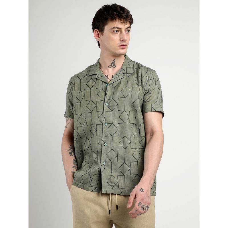 Campus Sutra Men Olive Green Embroidered Geometric-Lined Shirt (M)