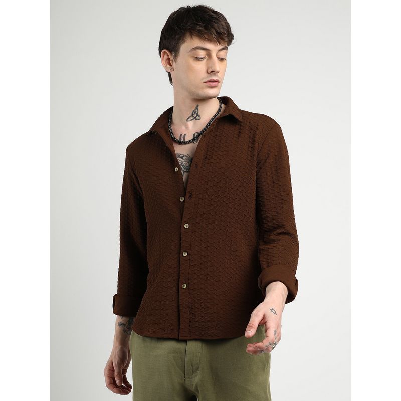 Campus Sutra Men Chocolate Brown Ripple Textured Box Shirt (L)
