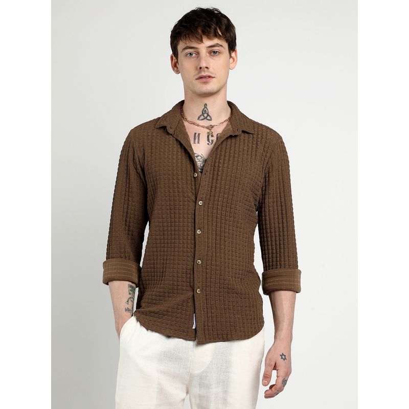 Campus Sutra Men Chocolate Brown Cube-Textured Shirt (S)