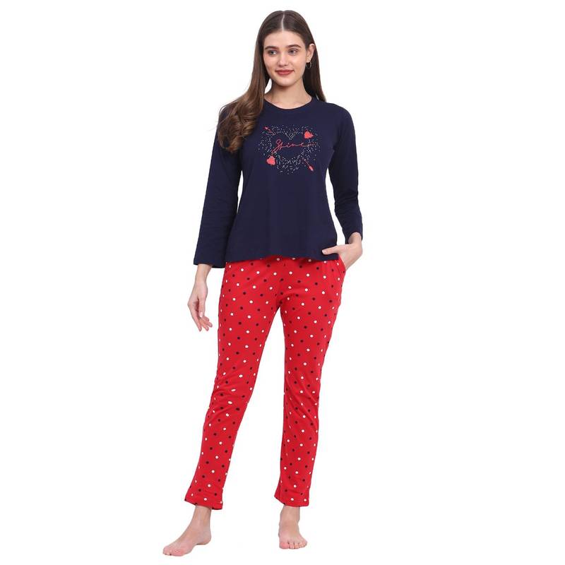 VIEVIANA Women Polka Print Dark Blue T-Shirt & Pyjama (Set of 2) (2XL)