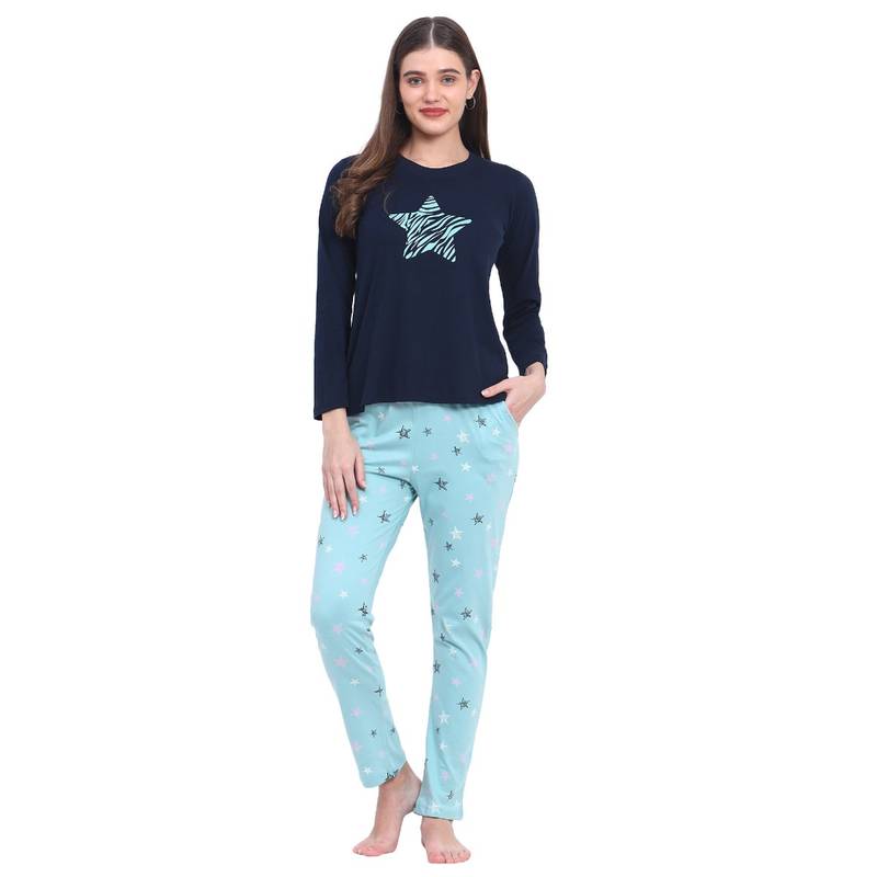 VIEVIANA Women Printed Blue T-Shirt & Pyjama (Set of 2) (M)