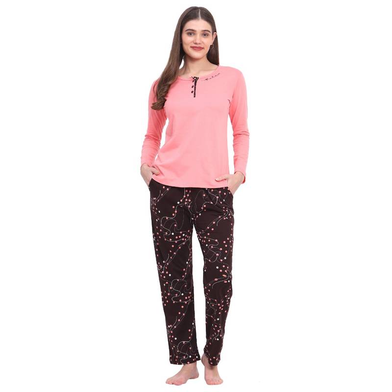 VIEVIANA Women Printed Peach T-Shirt & Pyjama (Set of 2) (L)