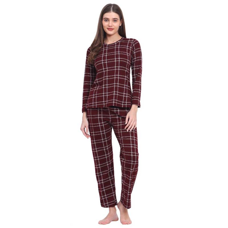 VIEVIANA Women Checkered Maroon T-Shirt & Pyjama (Set of 2) (L)