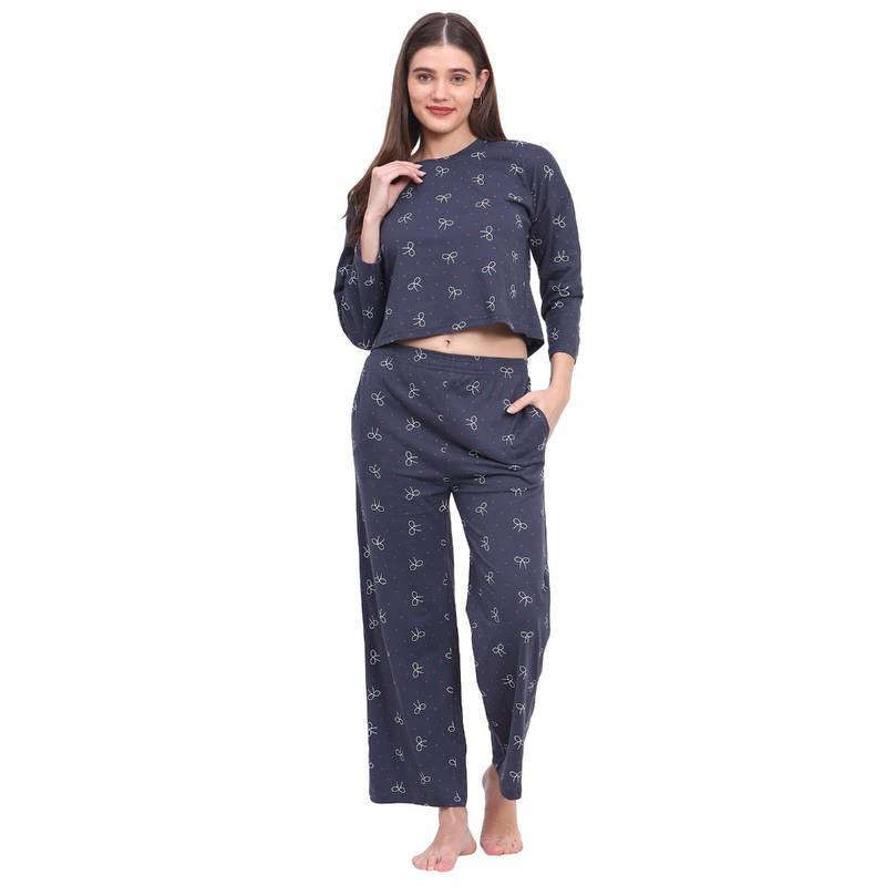 VIEVIANA Women Polka Print Dark Blue T-Shirt & Pyjama (Set of 2) (2XL)