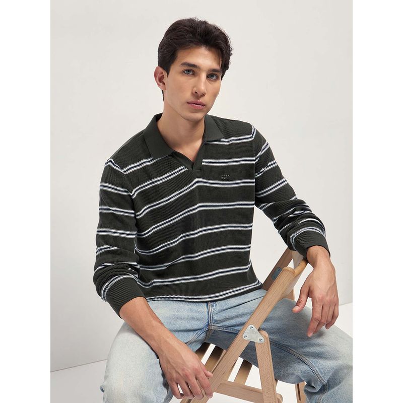 THE BEAR HOUSE Men Pure Cotton Striped Flat Knit Slim Polo T-Shirt (S)