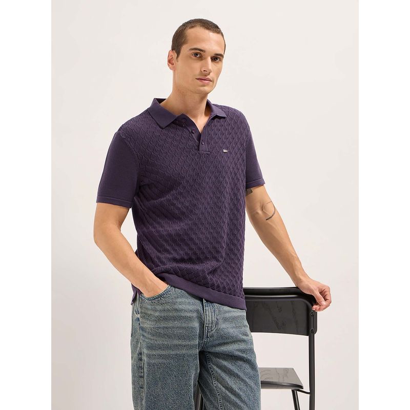 THE BEAR HOUSE Men Purple Pure Cotton Textured Flat Knit Slim Polo T-Shirt (S)