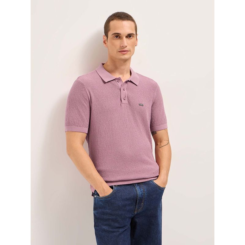 THE BEAR HOUSE Men Pink Solid Textured Flat Knit Regular Polo T-Shirt (S)