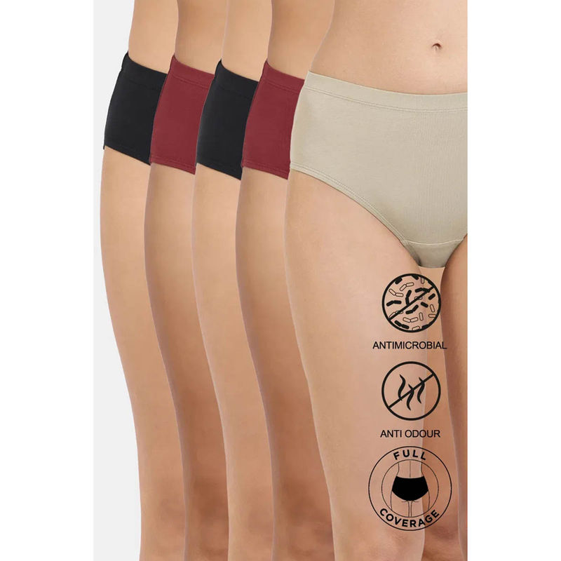 Zivame Anti-Microbial Medium Rise Full Coverage Hipster Panty - Multicolor (Pack of 5) (L)