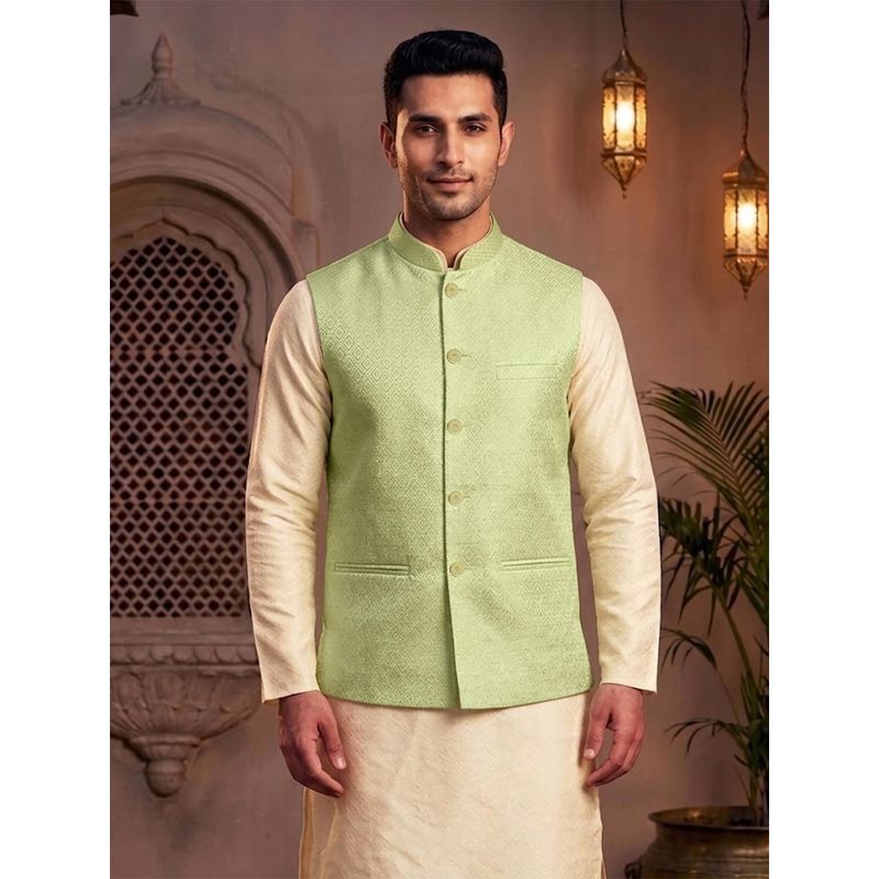 Treemoda Mint Green Brocade Nehru Jacket with Golden Zari Work (S)
